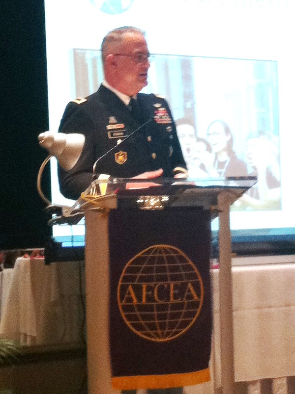 Maj. Gen. Mark Perrin, USAF, deputy director, Signals Intelligence Directorate, National Security Agency, addresses the chapter in February.